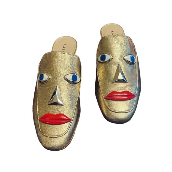 Katy Perry THE RUE Gold Mules Slides Size 6 Party Fun Artsy 3D Modern Glam Face - Picture 1 of 13